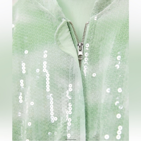 ZARA SEQUINNED TULLE BOMBER JACKET GREENS sz S - Picture 6 of 7